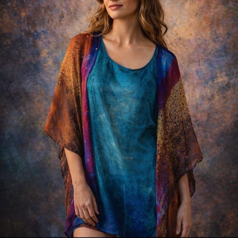 Chico’s kimono top one size shimmery lightweight blue purple sequin Plus Size